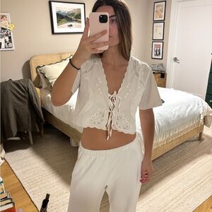 Zara Ivory Lace-Trim Tie-Front Crop Top